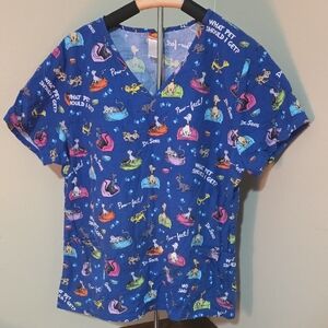 Dr. Seuss Navy Blue Multi-Character Print V-Neck Animal Scrub Top XL